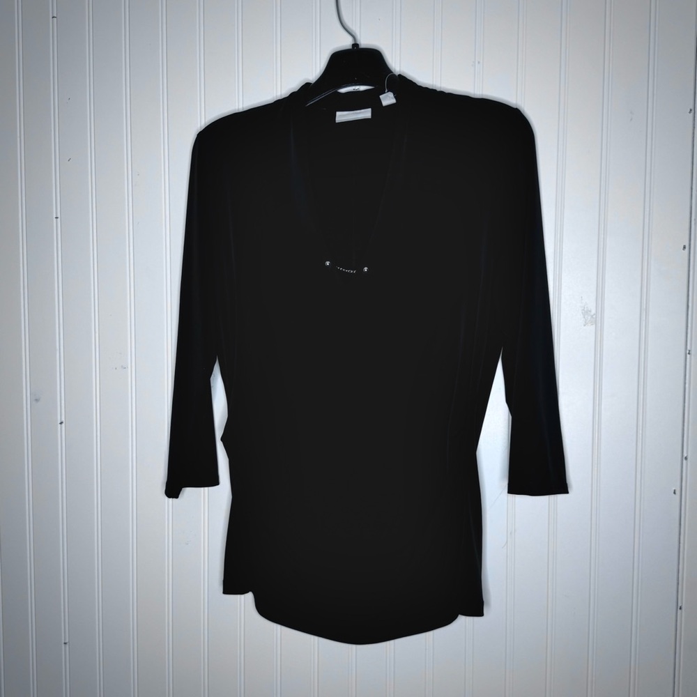 New York and Company Black V Neck Career Office Dressy 3/4 Sleeve Blouse Medium